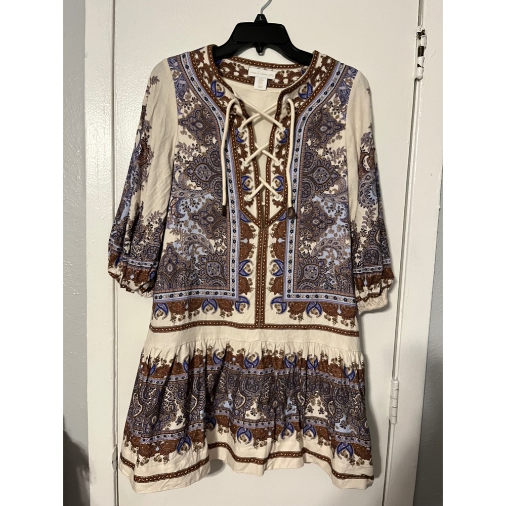 House of Harlow 1960 Paisley Linen Blend Mini Dress Blue Brown Lace Up XS